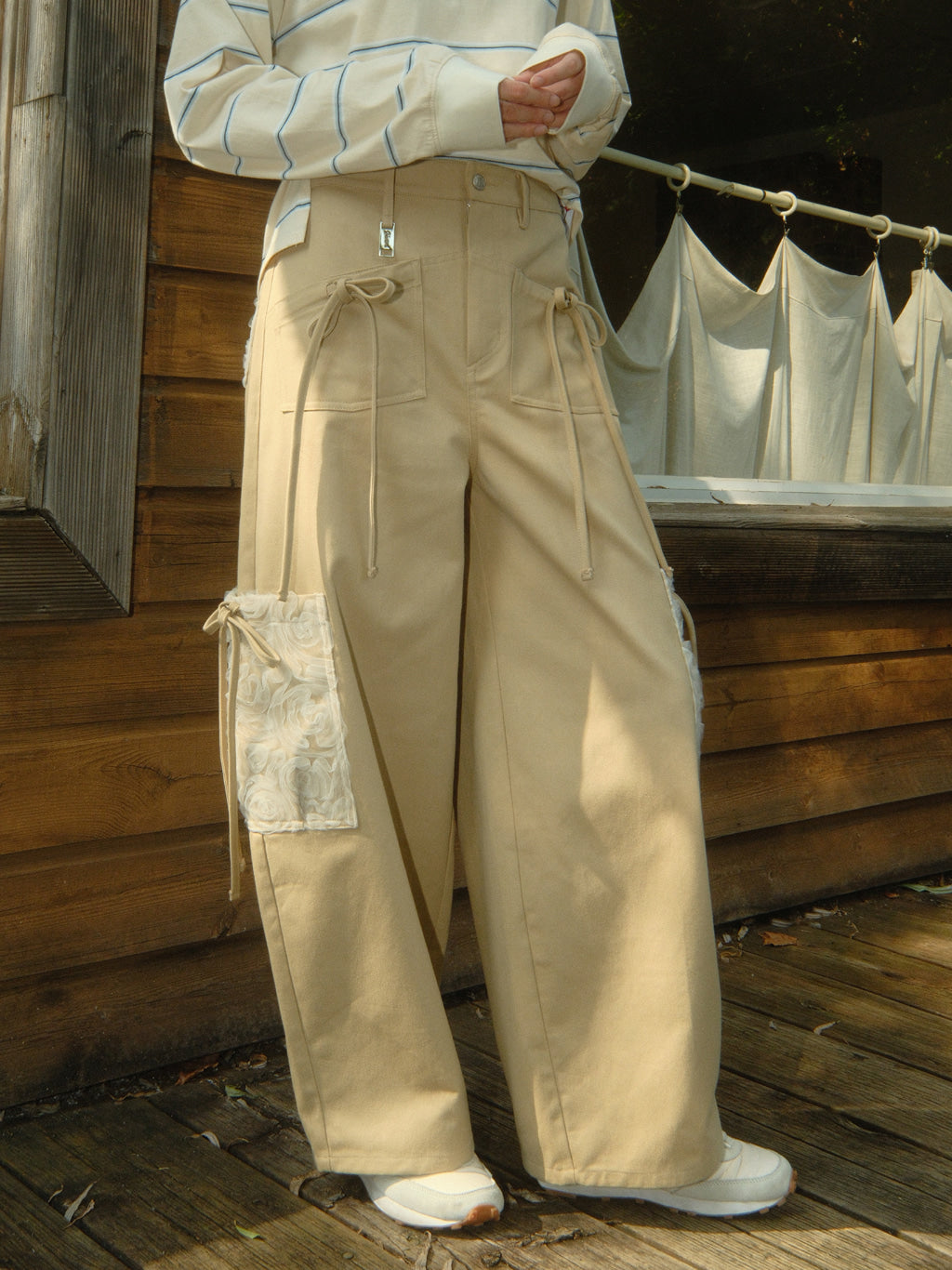 Ribbon Cotton Pants (Beige)